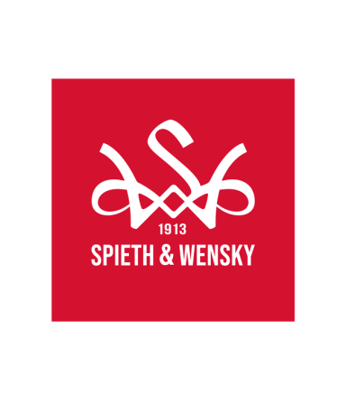 Logo von Spieth & Wensky, rot mit weißer Schrift und geschwungenen Linien.