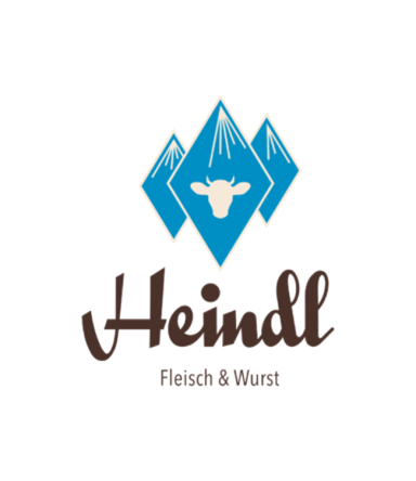 Logo von Heindl mit einem blauen Rautenmuster und Kuhkopf, Text: "Fleisch & Wurst".